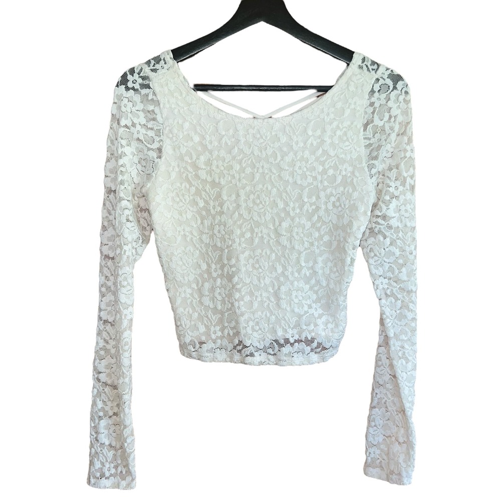 VTG Abercrombie & Fitch Y2K Lace Lg Sleeve Cream Top Criss Cross Back Crop Sz M